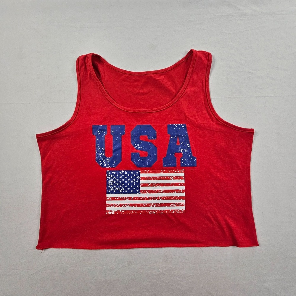 Womens XL USA American Flag Red Crop Tank Top Patriotic Fourth of July Y2K